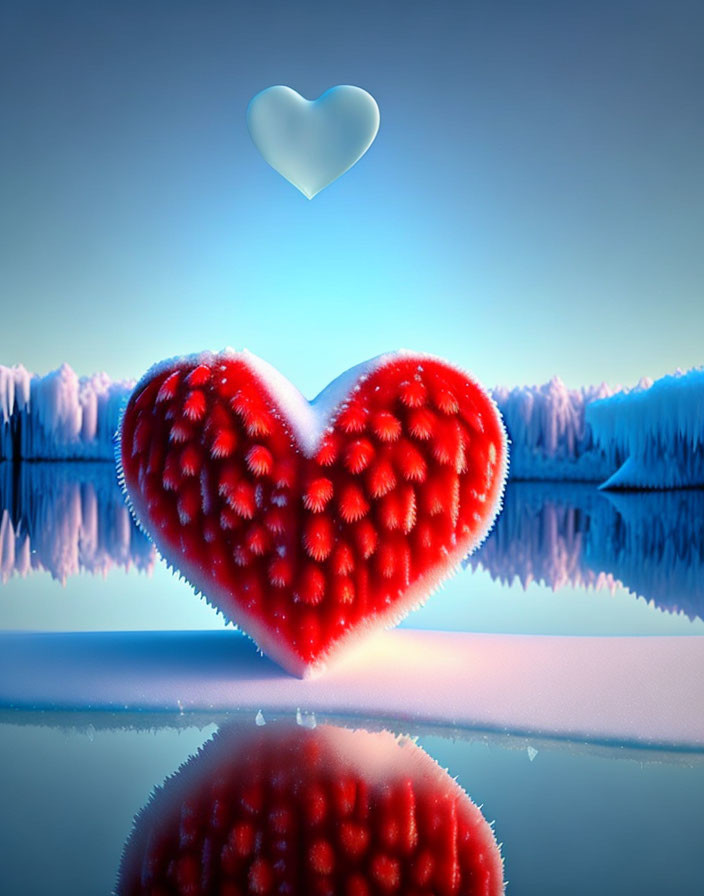 Vibrant red furry heart with glossy reflection on serene water surface