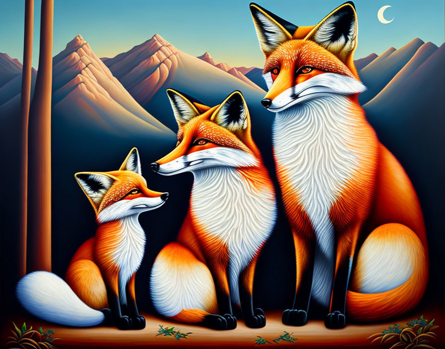 Three stylized foxes in vibrant, fantastical landscape with exaggerated features under twilight sky and crescent