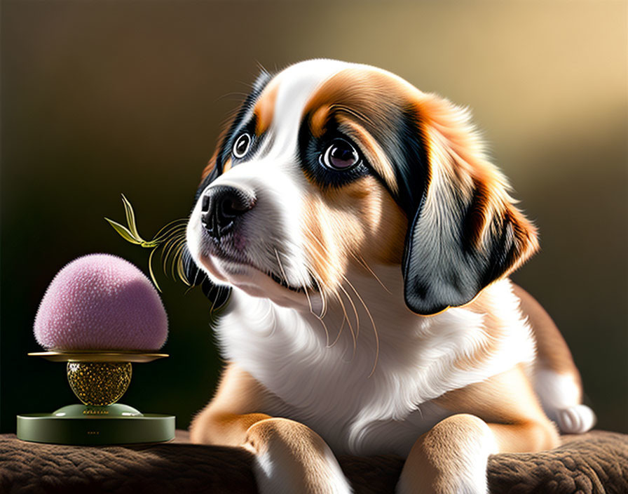 Curious puppy observes butterfly on ornate object in soft-lit setting