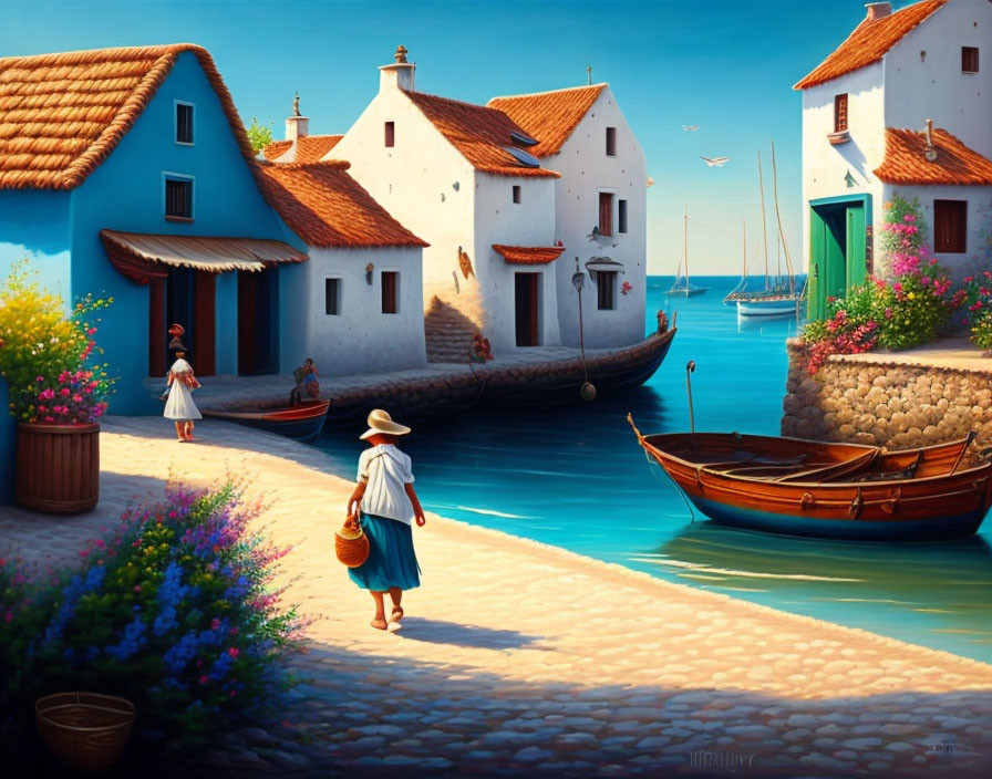 Tranquil coastal village: traditional houses, boats, people, blue sky.