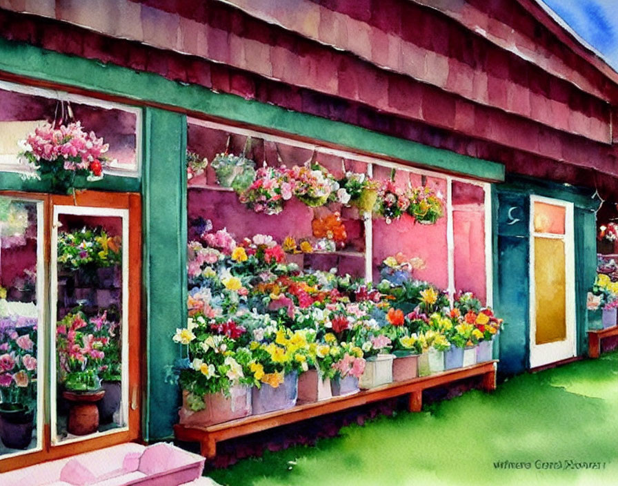Vibrant flower shop scene with colorful array of flowers in front of pink and green storefront