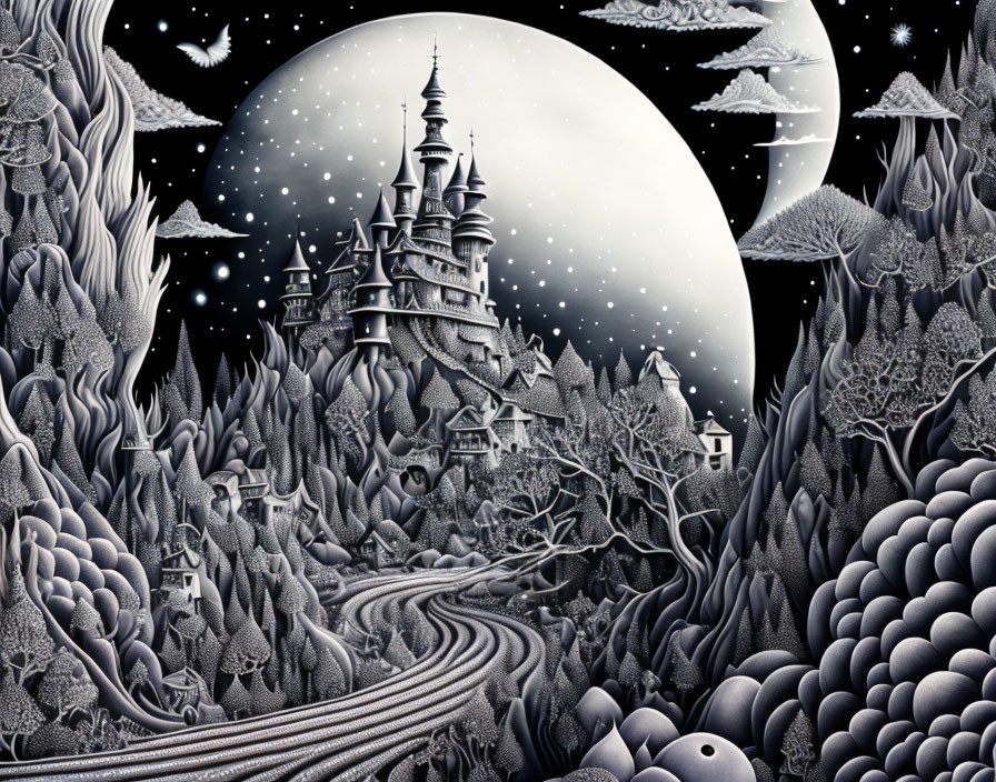 Monochromatic fantasy landscape with castle, trees, moon, and starry sky