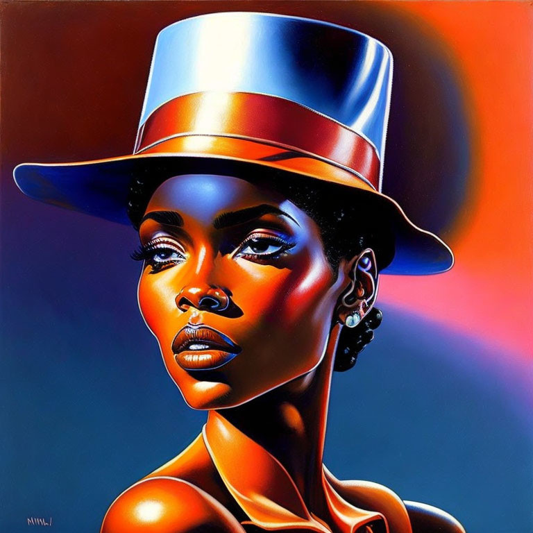 Stylized portrait of woman in color-gradient top hat on blue background