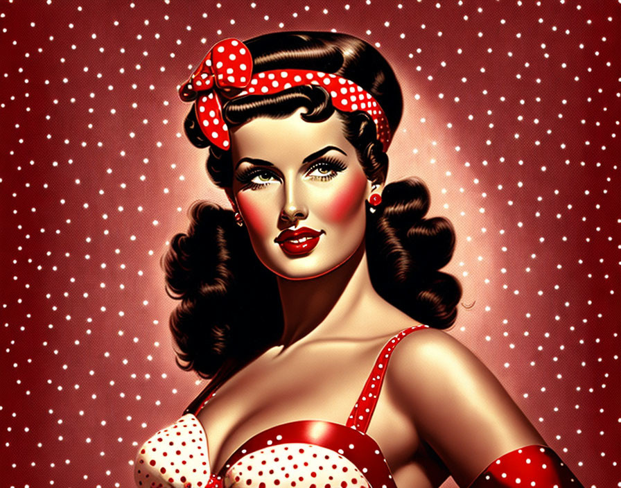 Vintage-style illustration of woman in red polka dot attire on red background