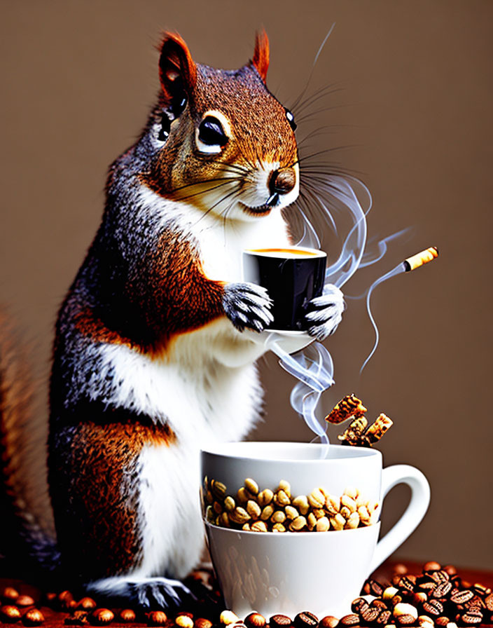 Squirrel with coffee cup and cigarette in coffee bean setting