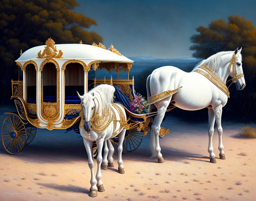 Golden-trimmed carriage and white horse under twilight sky with elegant decorations