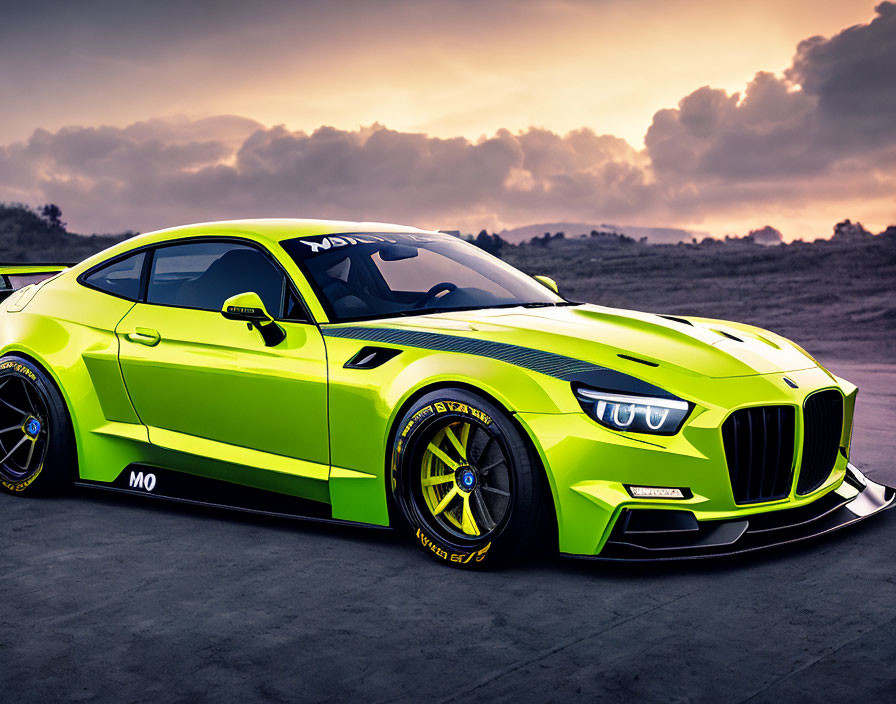 Bright Green Sports Car with Aerodynamic Design Parked Outdoors at Dusk