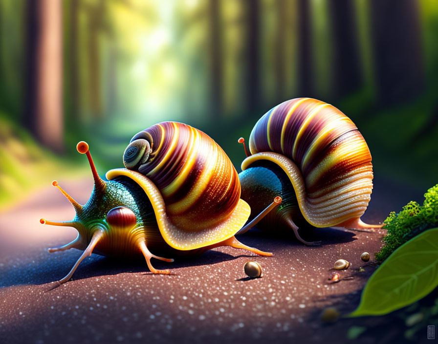 Colorful snails in forest with shiny shells under sunlight