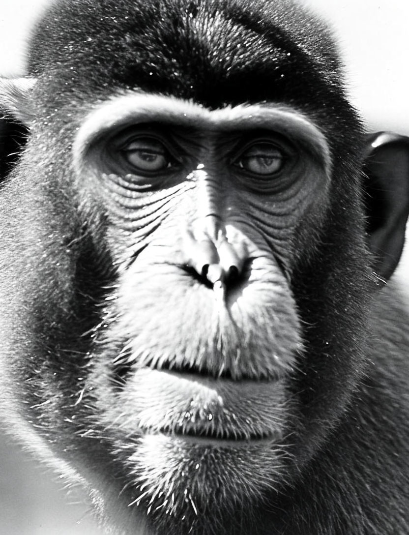 Detailed black and white monkey portrait with pensive expression