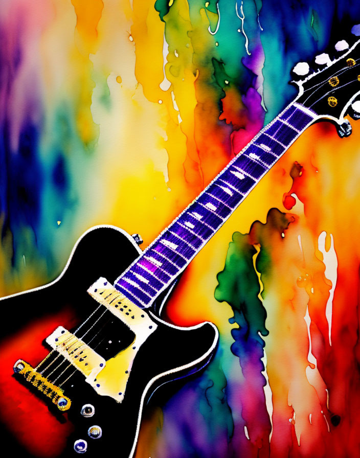Colorful Watercolor Illustration of Electric Guitar on Rainbow Background