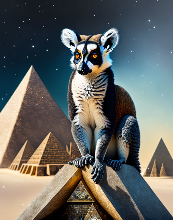 Lemur on Mini Pyramid with Starry Sky & Large Pyramids