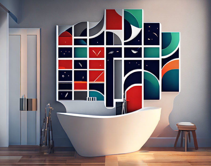 Modern Bathroom with Freestanding Bathtub, Geometric Art, Wooden Stool, Ambient Lighting
