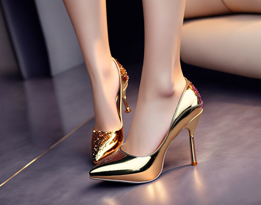 Shiny Gold High-Heeled Shoes with Glitter Toes on Person Sitting