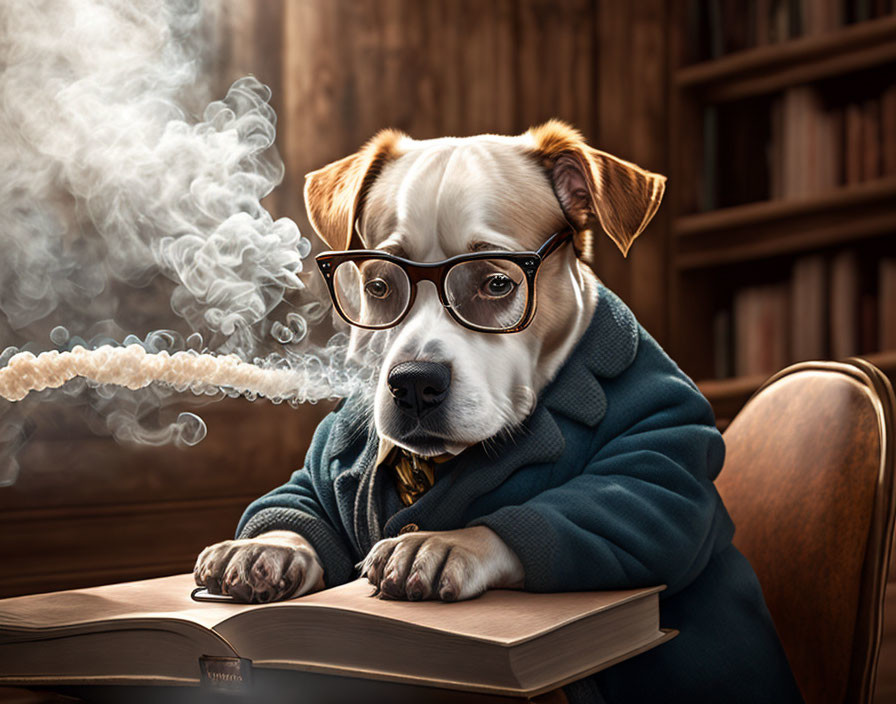 Dog in glasses and sweater exhales smoke with open book in library