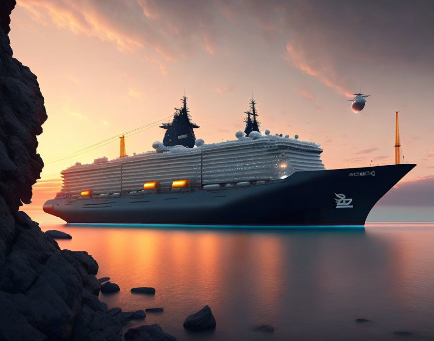 Futuristic cruise ship with zeppelin companions near cliffside coastline at sunset