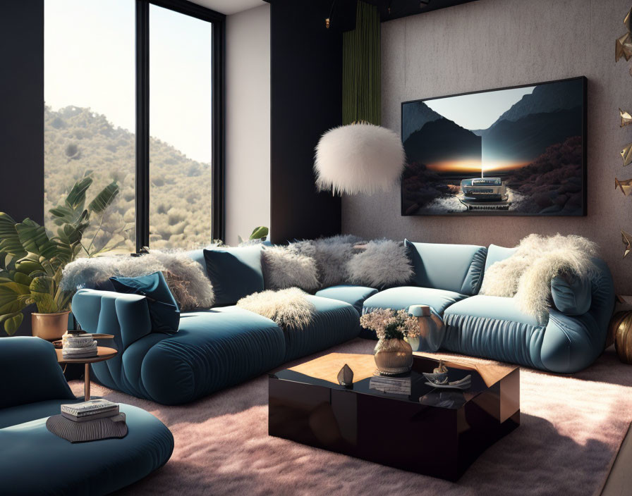Modern Living Room with Blue Sectional Sofa & Wall-Mounted TV