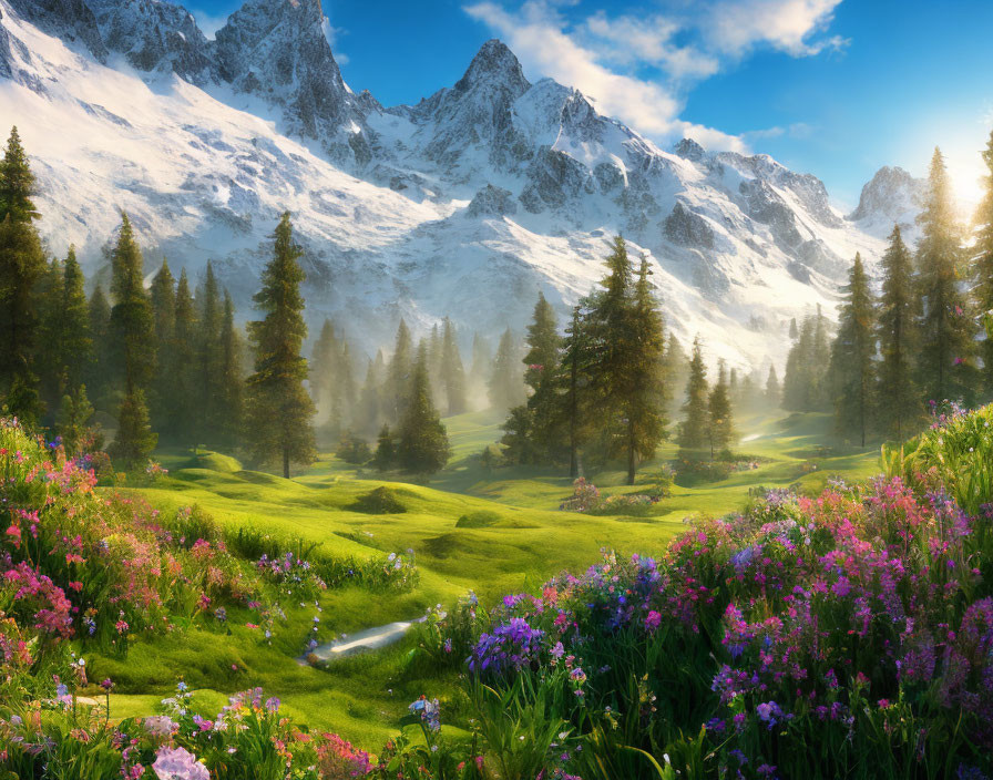 Scenic landscape with meadow, forest, and mountains