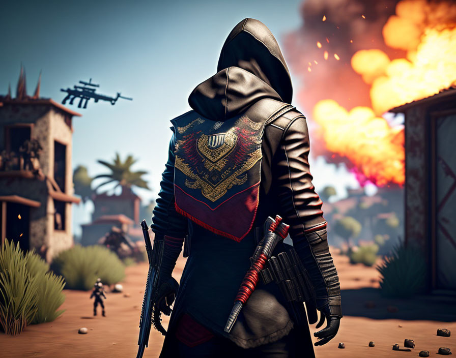 Hooded character with sword in desert scene with explosion and drone