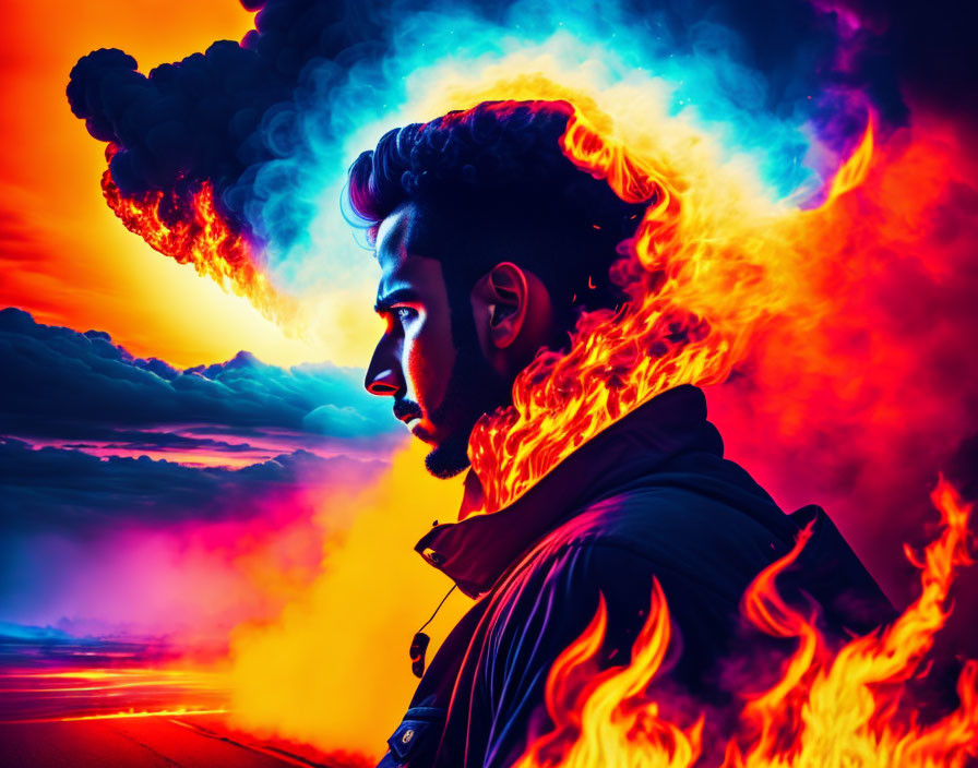 Man's Profile Surrounded by Colorful Flames and Smoke in Sunset Sky