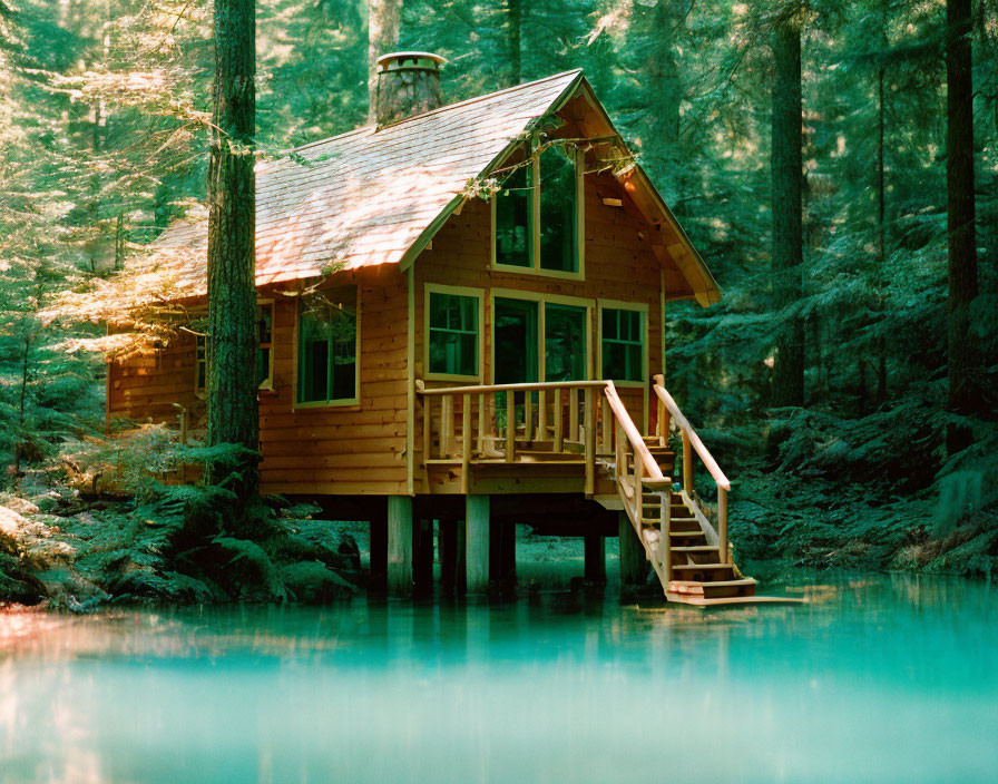 Tranquil Wooden Cabin by Turquoise Lake and Green Trees