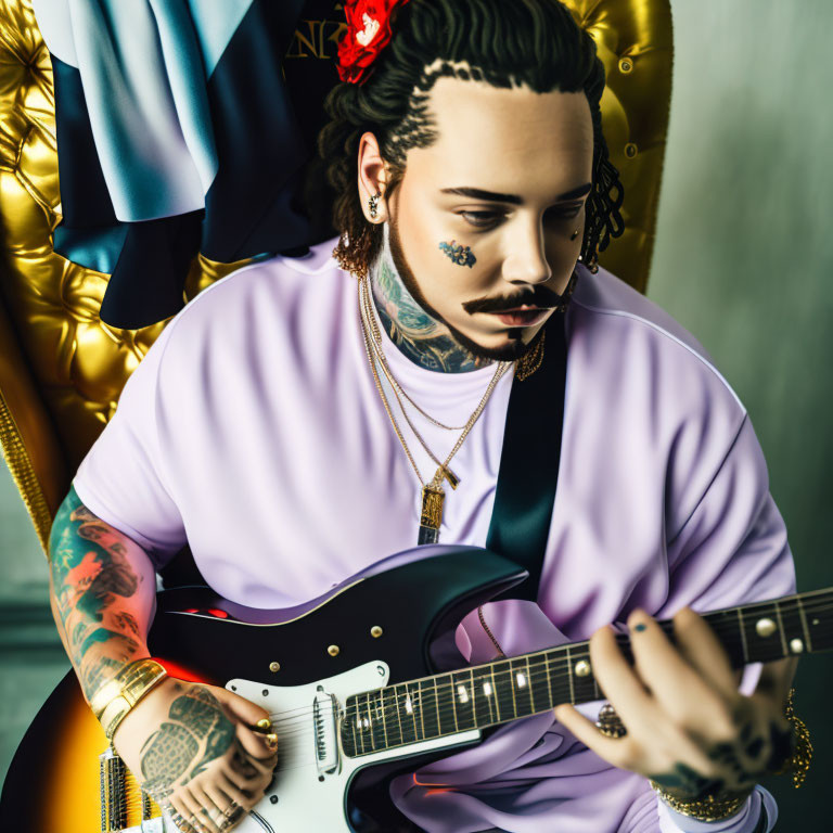 Tattooed man playing electric guitar with styled hair and gold jewelry sitting on golden chair