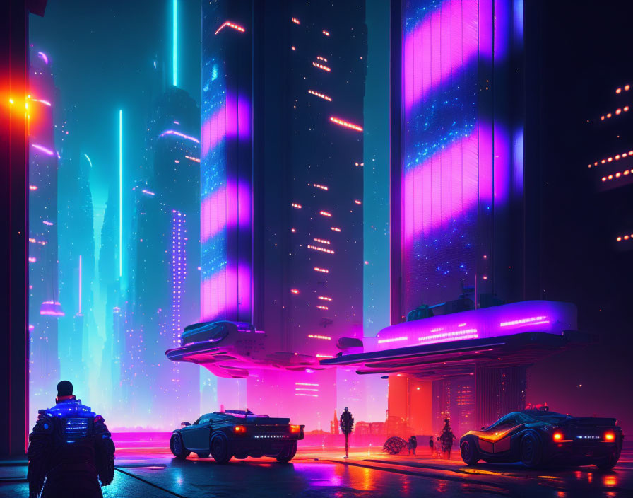 Glowing neon-lit futuristic cityscape with flying cars and skyscrapers.