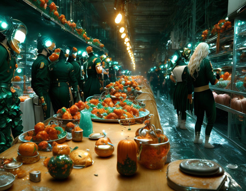 Futuristic food market with individuals inspecting tomatoes