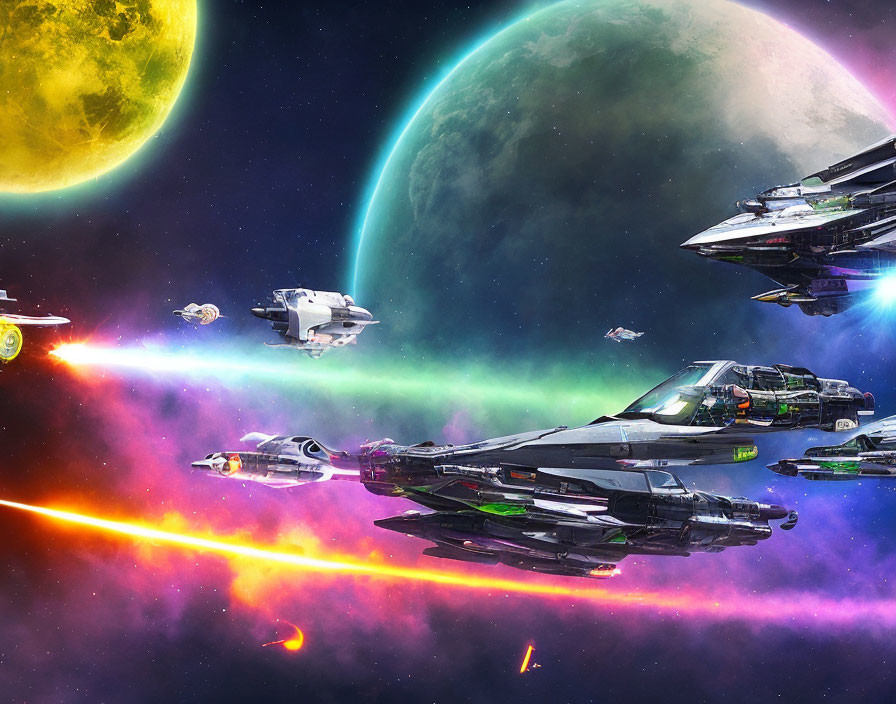 Colorful sci-fi scene: Spaceships in laser battle near celestial bodies
