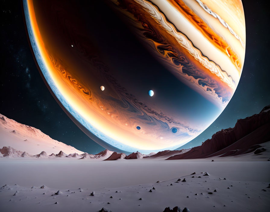 Space Art: Giant Gas Planet with Moons in Alien Landscape