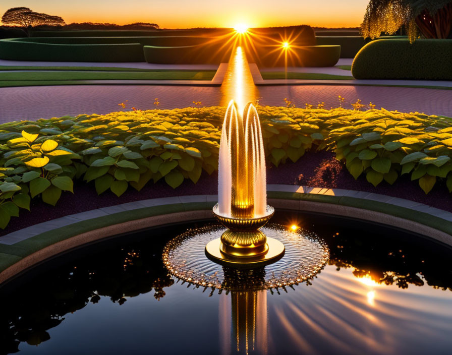 Lush garden with fountain at sunset amidst golden light