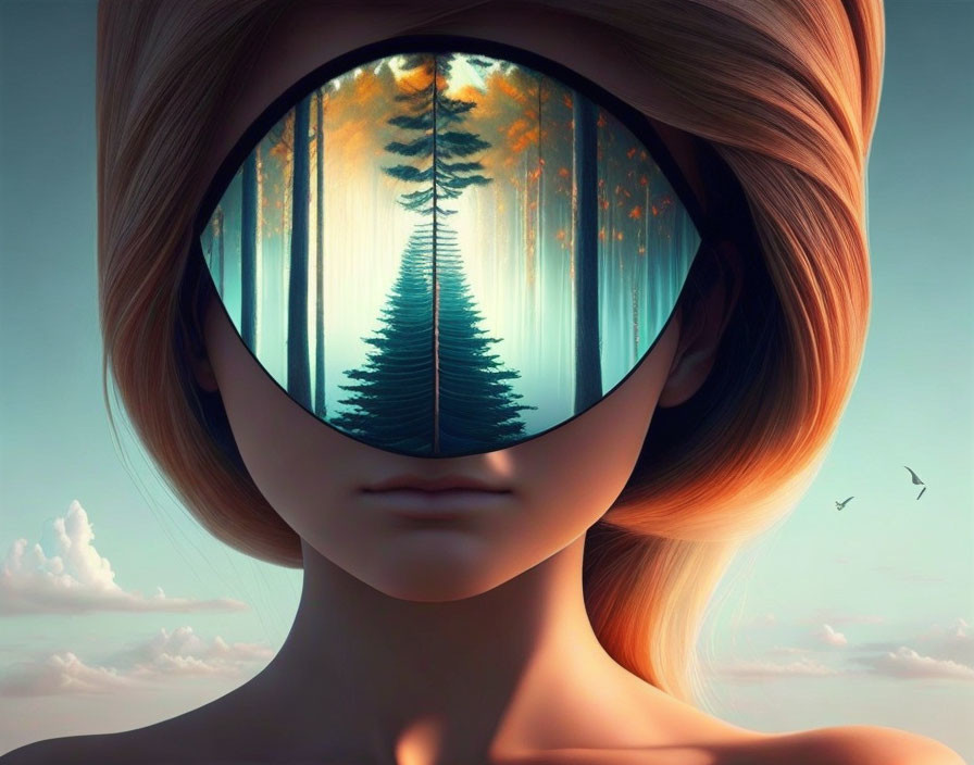 Surreal image: Woman with forest reflection in oversized glasses