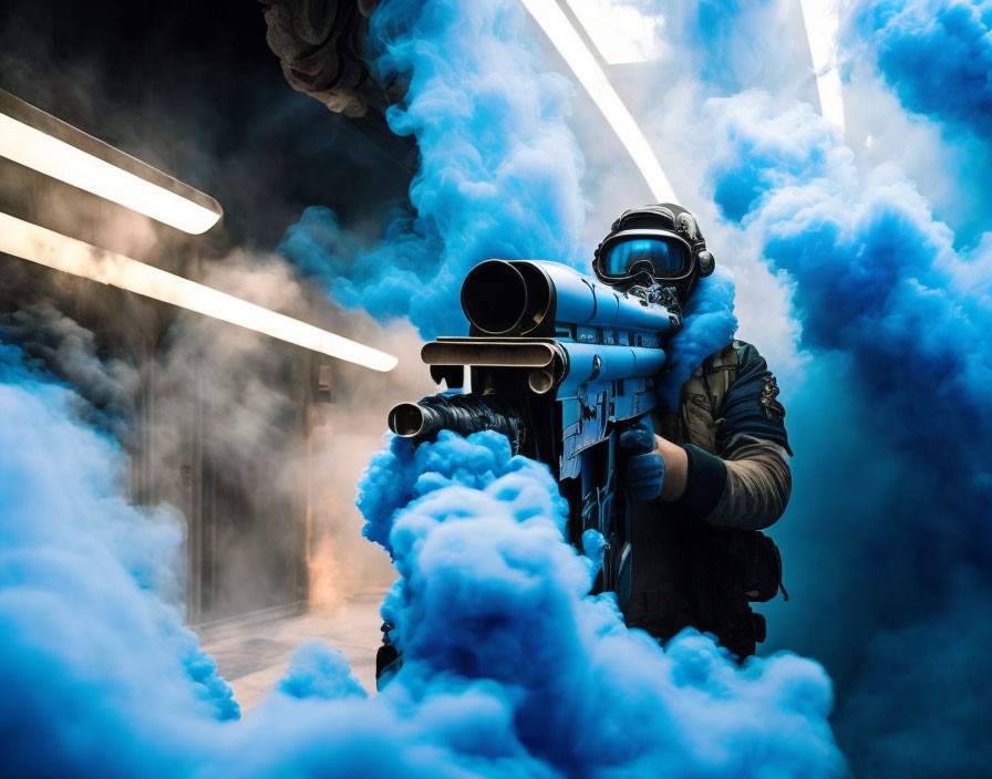 Person in Tactical Gear with Rifle in Blue Smoke and Neon Lights