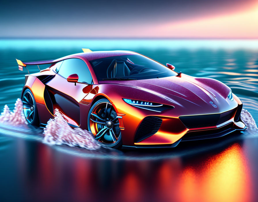 Orange and Purple Sports Car Speeding on Reflective Water Surface