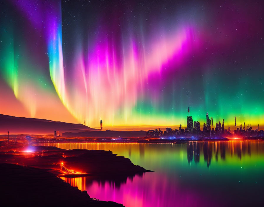 Colorful Aurora Borealis Over City Skyline and Lake Reflection