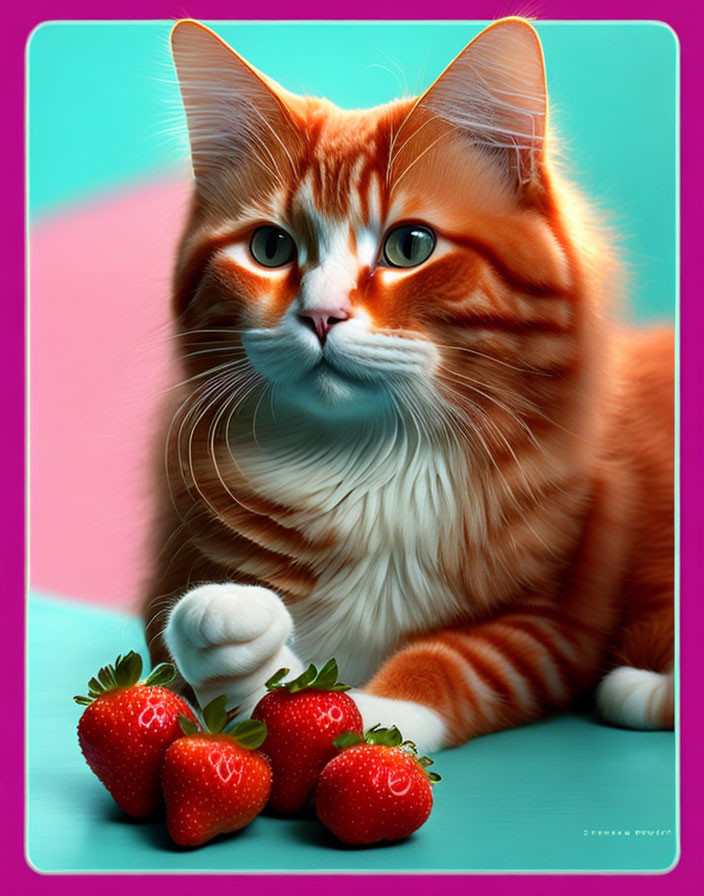 Orange and White Cat with Blue Eyes Next to Red Strawberries on Teal and Pink Background