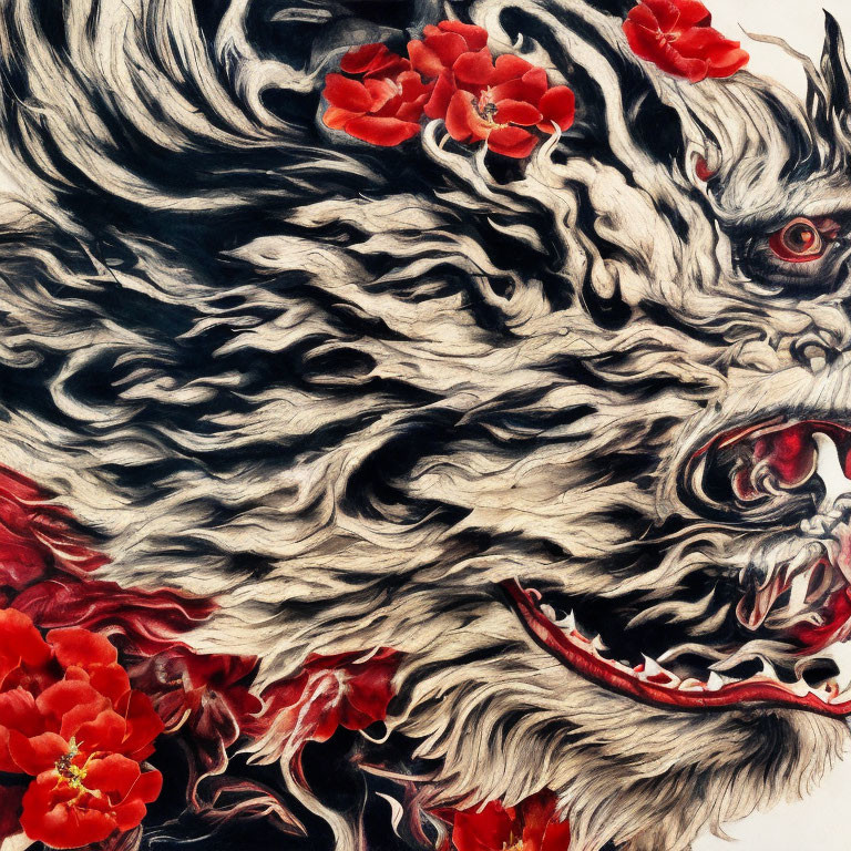 Detailed Illustration of Snarling Wolf with Red Eyes and Flowers