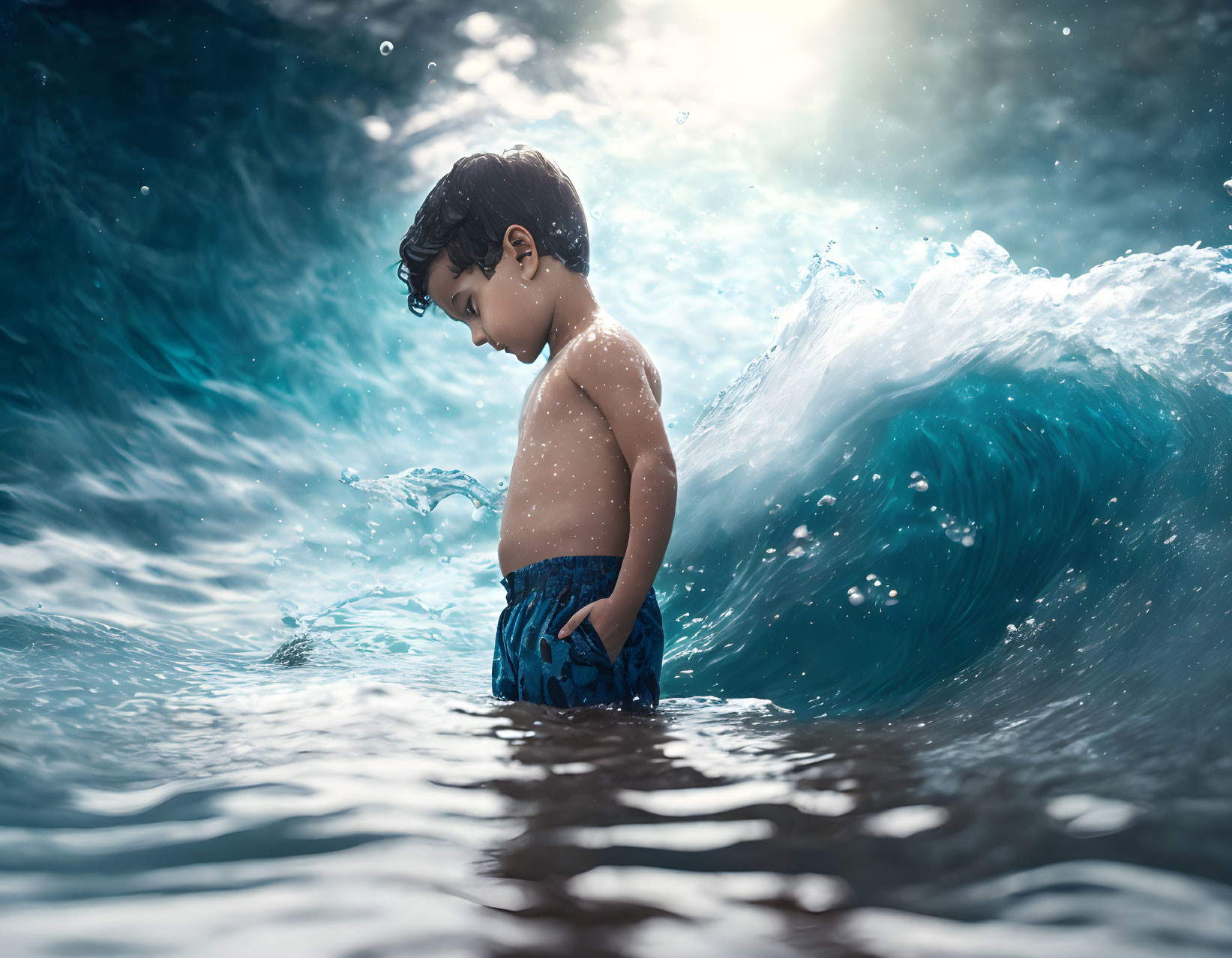 Child standing in shallow water with cresting wave under moody sky