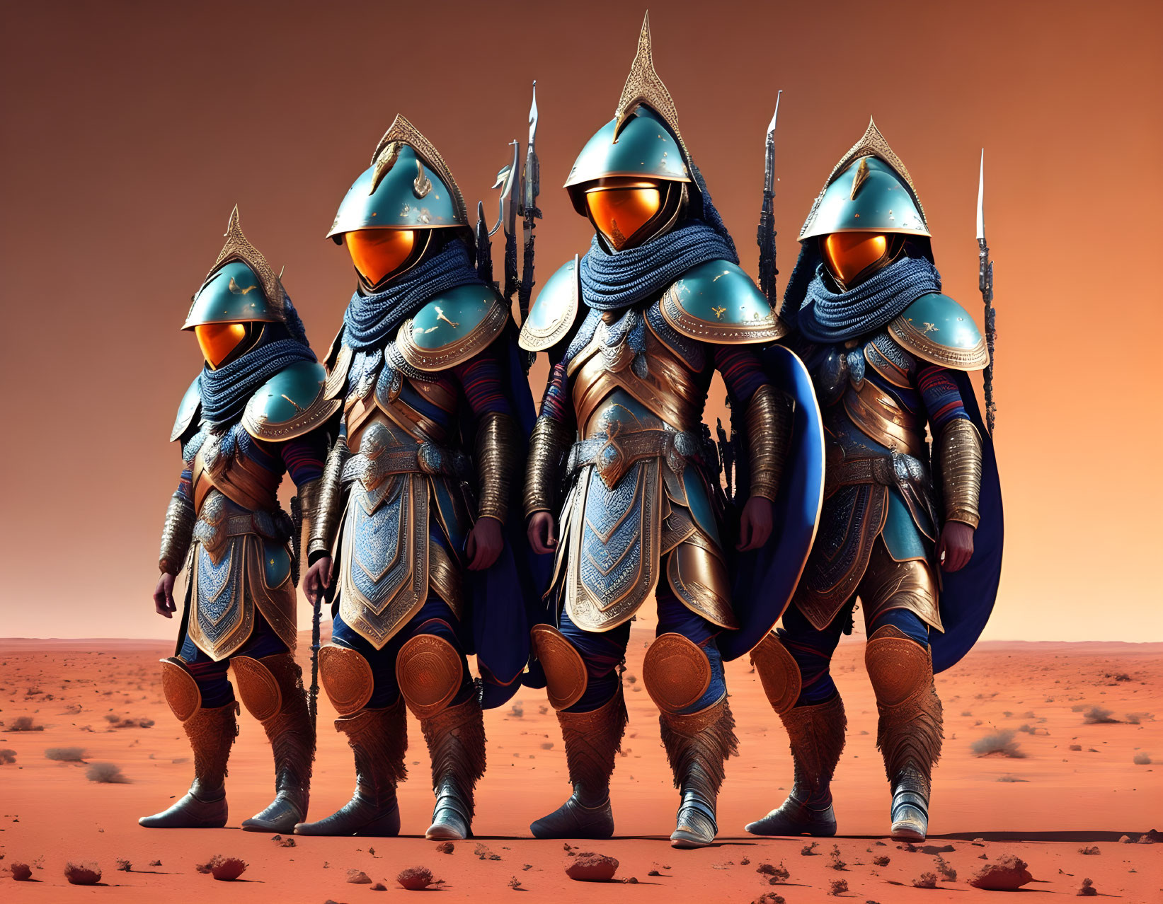 Four armored warriors in blue and silver armor with spears in a desert landscape