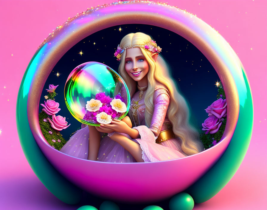 Animated girl in pink dress with crystal ball in circular window on starry background