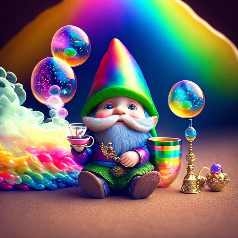 Colorful Gnome Illustration with Fantasy Elements on Warm Background