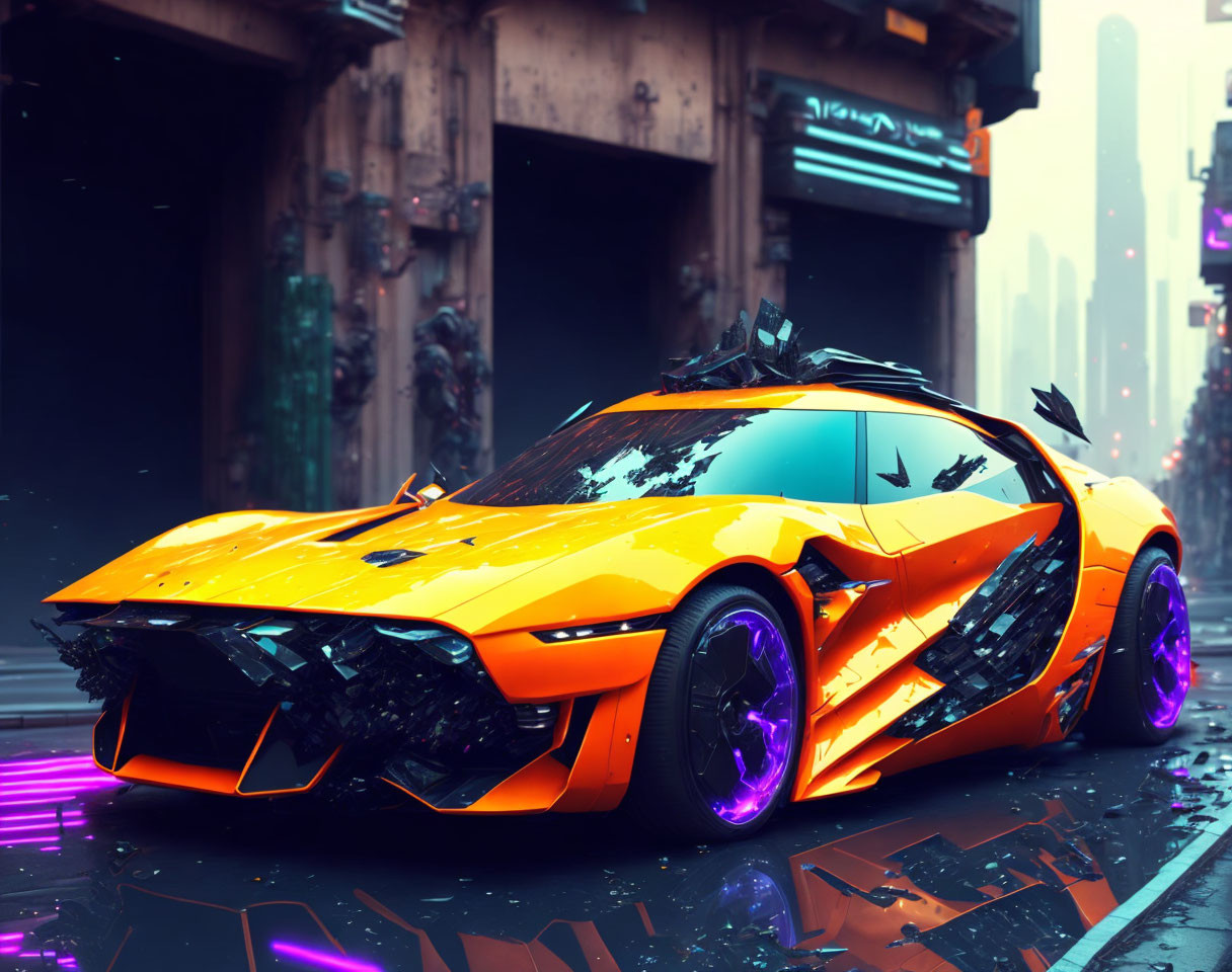 Futuristic Orange Sports Car with Neon Purple Lights in Cyberpunk City Street