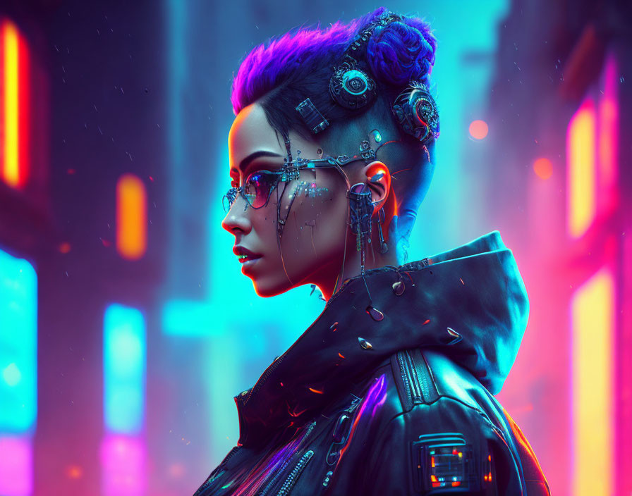 Cyberpunk-themed artwork: Futuristic woman with cybernetic enhancements and purple hair in neon city