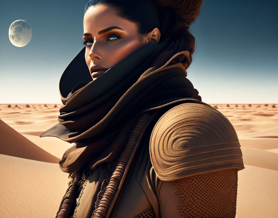 Dramatic makeup portrait of woman with scarf in desert moonlight