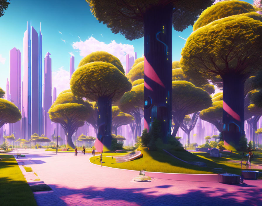 Futuristic city park with tall trees and skyscrapers