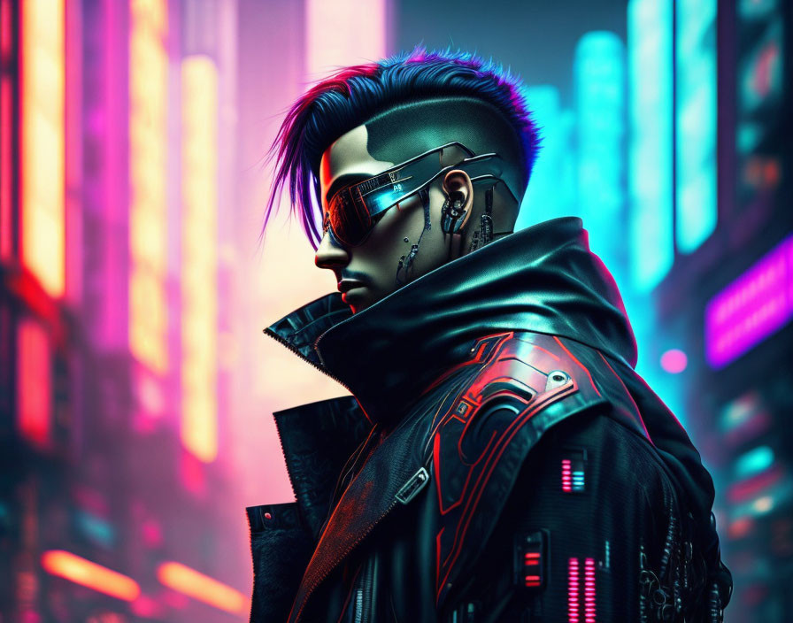 Cyberpunk-inspired character with futuristic eyepiece and high-tech jacket in neon cityscape