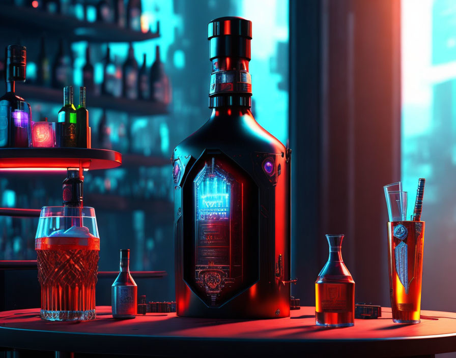 Futuristic whiskey bottle with neon blue lights on bar counter