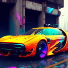 Futuristic Orange Sports Car with Neon Purple Lights in Cyberpunk City Street