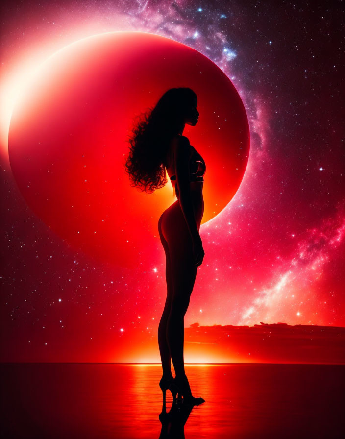 Silhouette of Woman Against Cosmic Backdrop with Red Planet