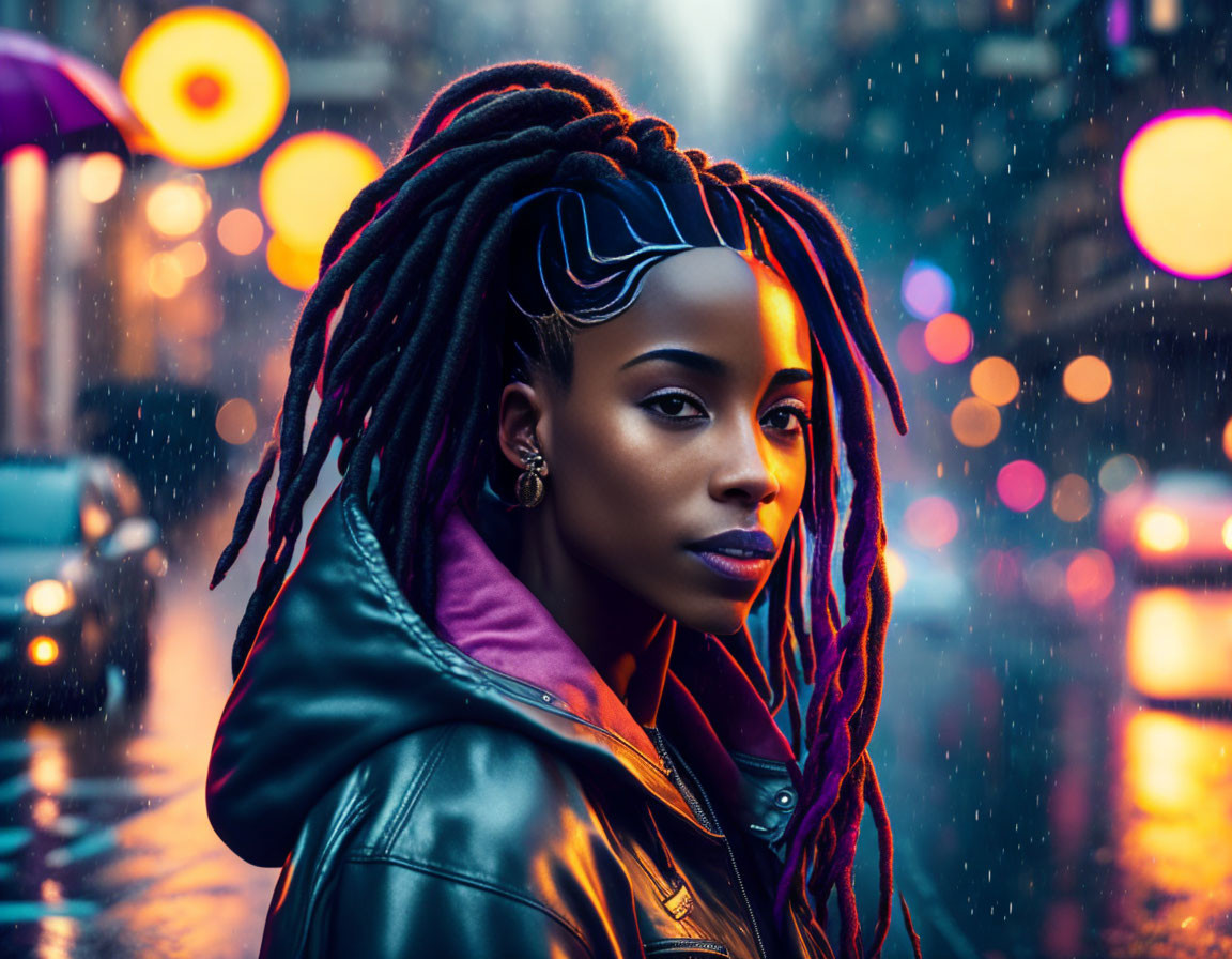 Woman with dreadlocks in leather jacket under neon lights at night