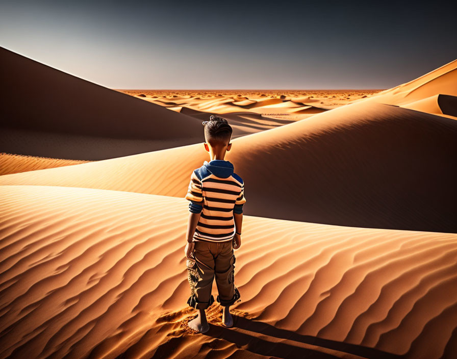 Child in Striped Shirt Stands in Desert Landscape